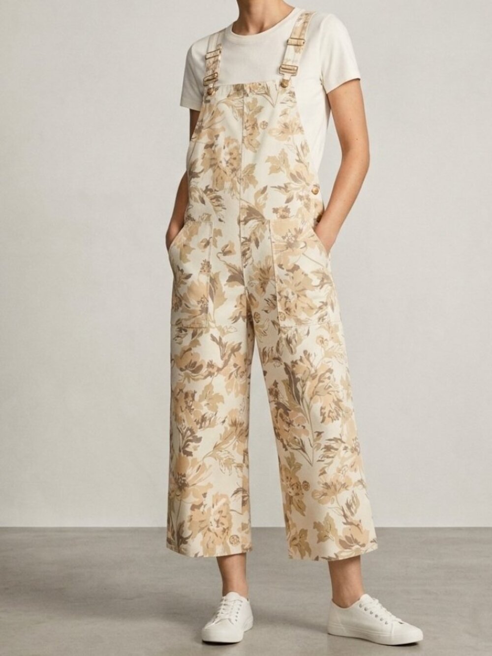 Zara Floral Print Wide-Leg Overalls Jumpsuit - Beige / Cream - BNWOT - Size Med